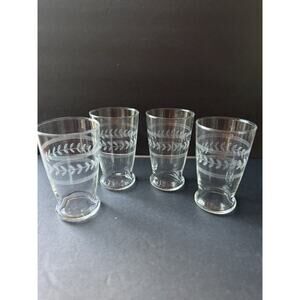 Anchor Hocking Etched Laurel Leaf Tumblers Flat Bottom Blown Glass Vtg Set(4)